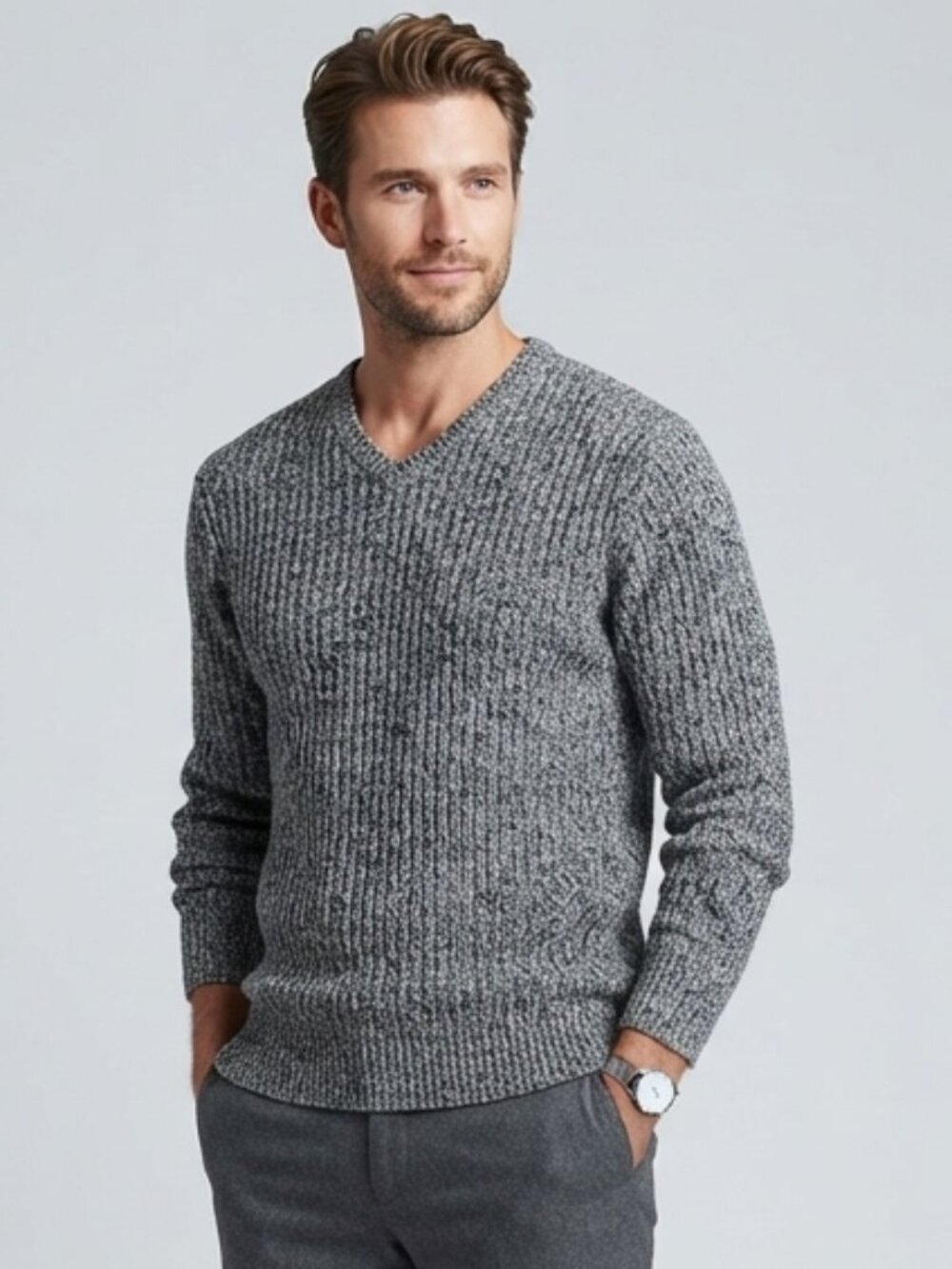 Mens Knit V-Neck Sweater Marled Grey Cozy Minimalist Neutral Heritage Preppy M/L